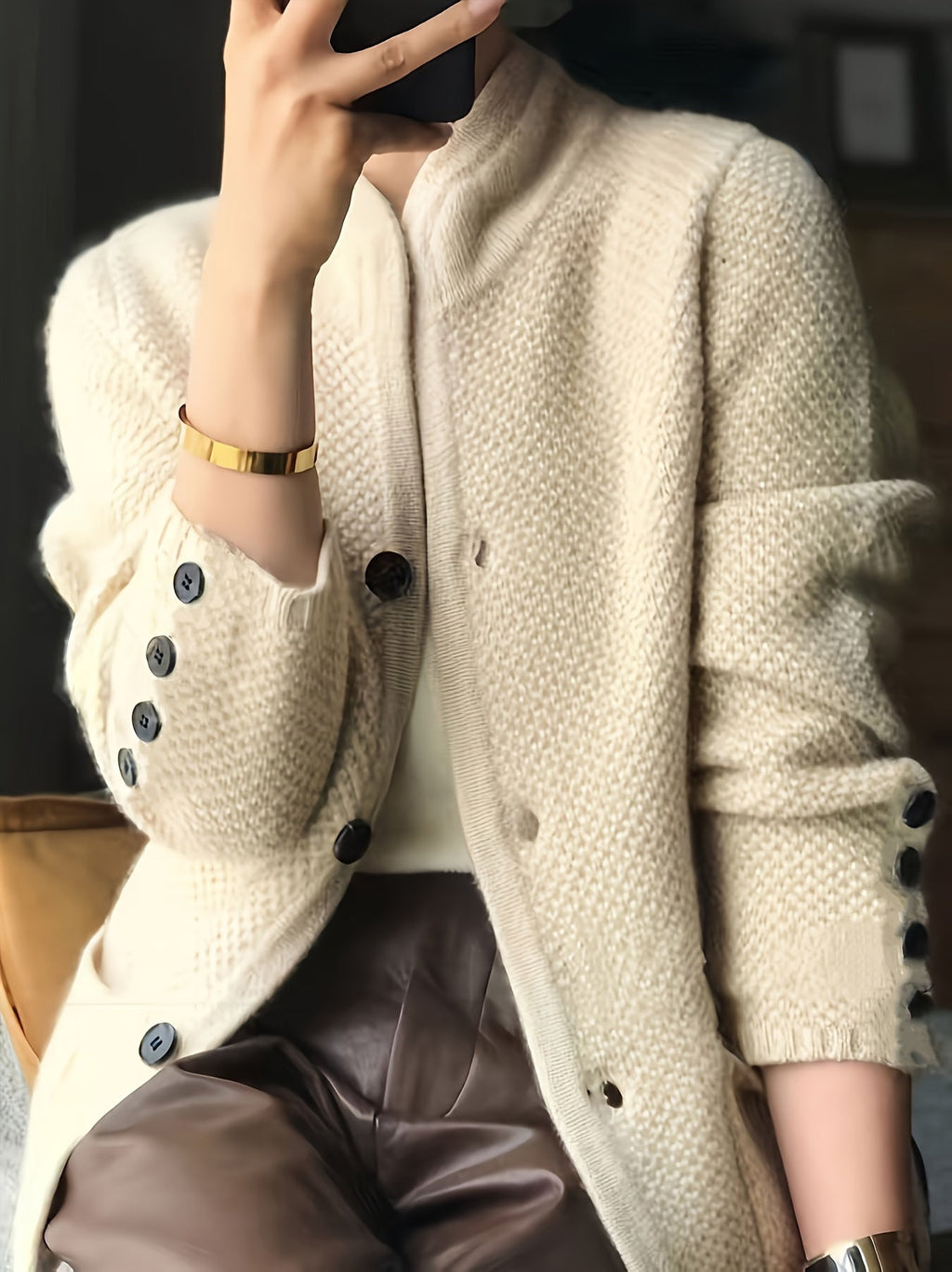Vienna | Women's Textured Knit Button Cardigan with Stand Collar