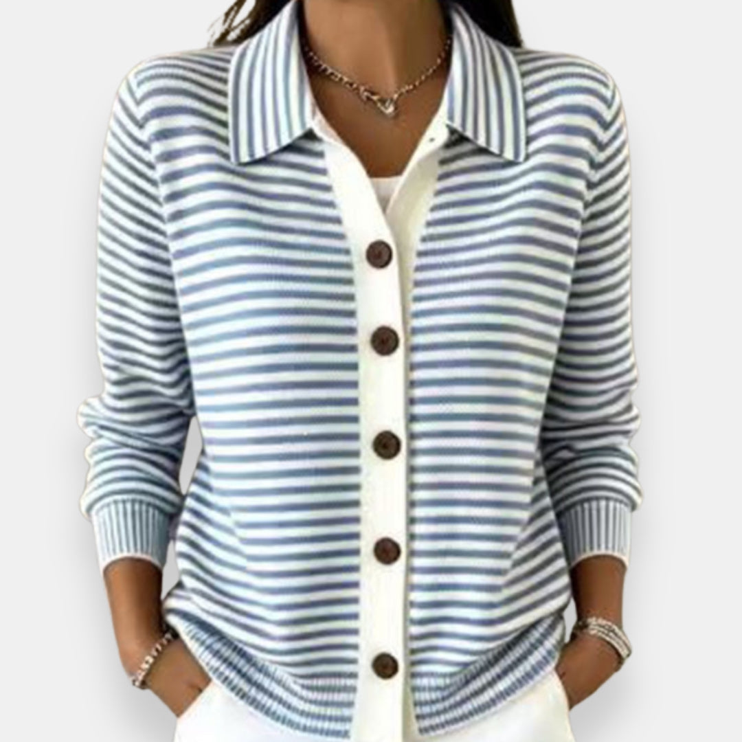 Séverine | Women's Collared Button-Front Striped Knit Cardigan
