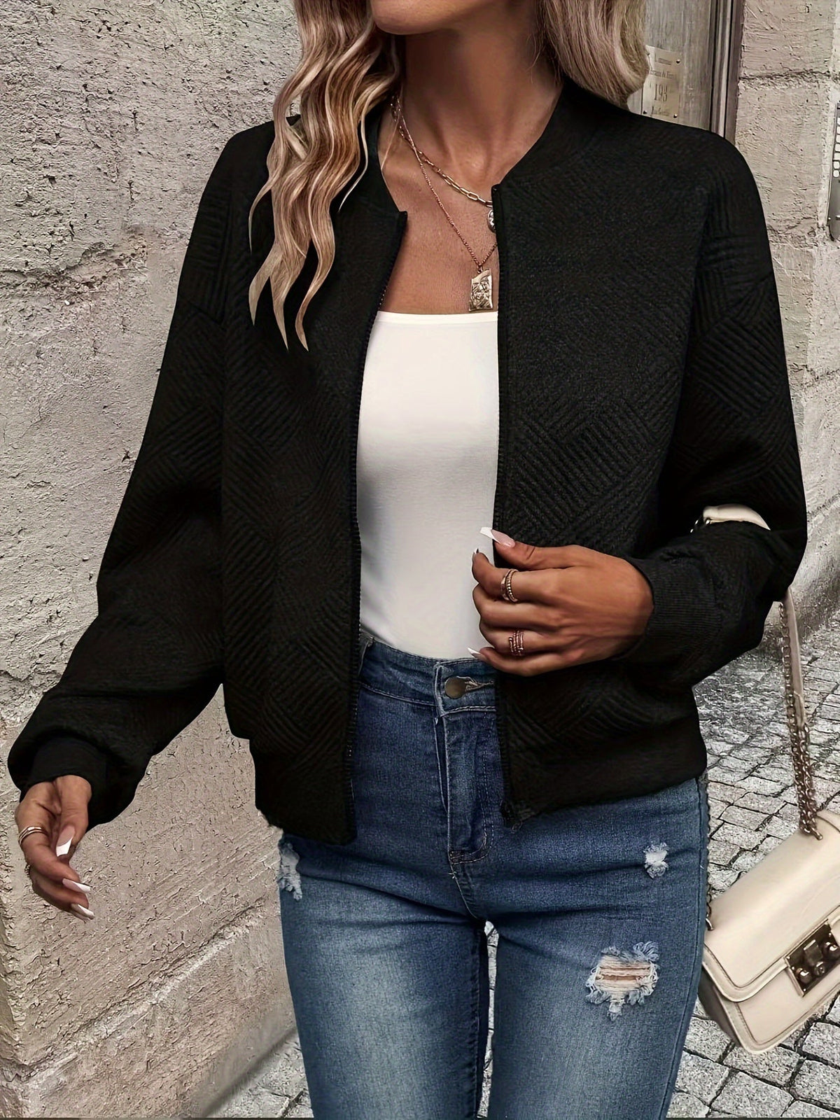 Seraphina | Women's Textured Zip-Up Cropped Bomber Jacket