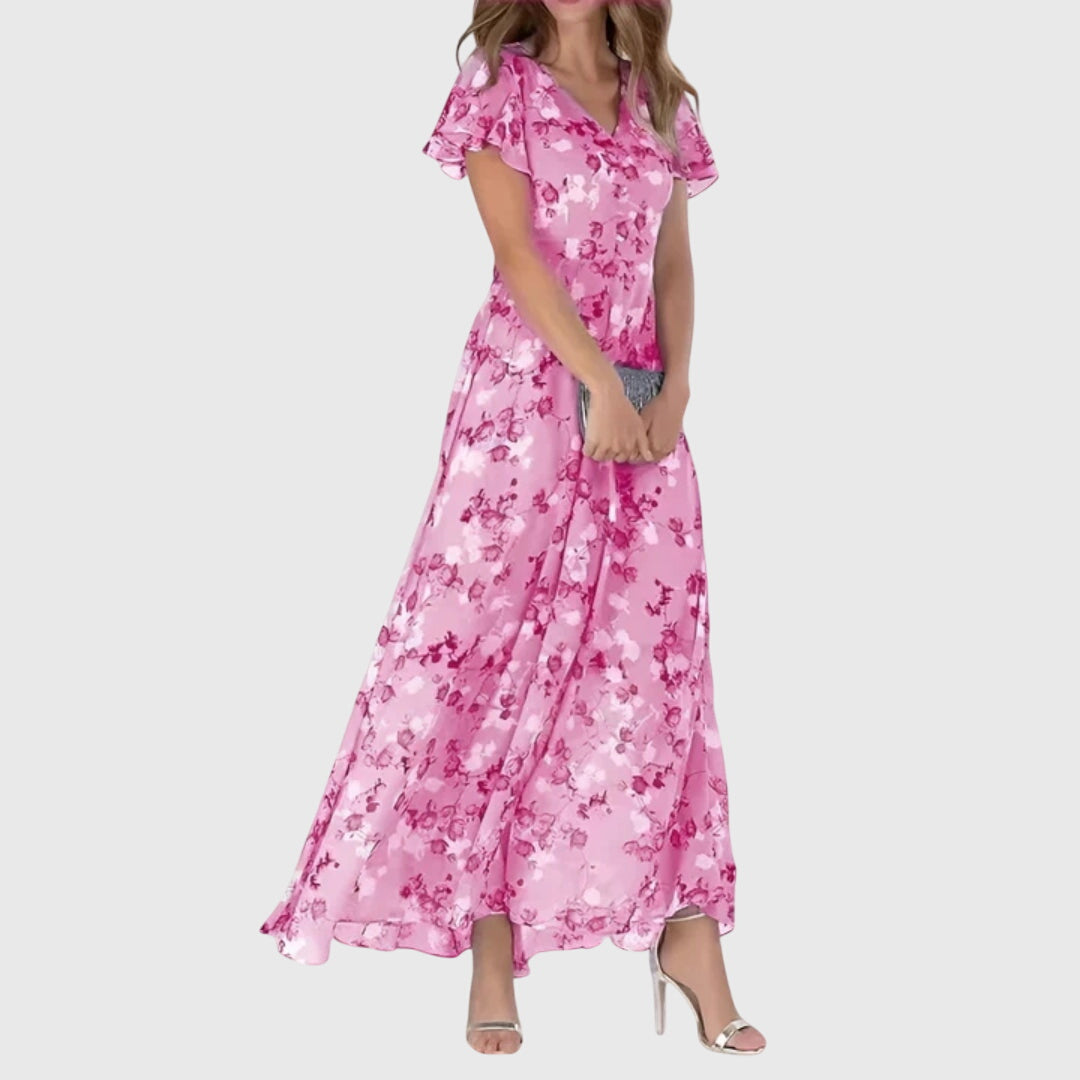 Floral Flutter Sleeve V-Neck Flowy Maxi Dress - Wedding Guest