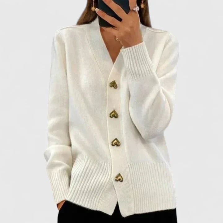 Wren | Women's V-Neck Cashmere Cardigan with Gold Heart Button Detail