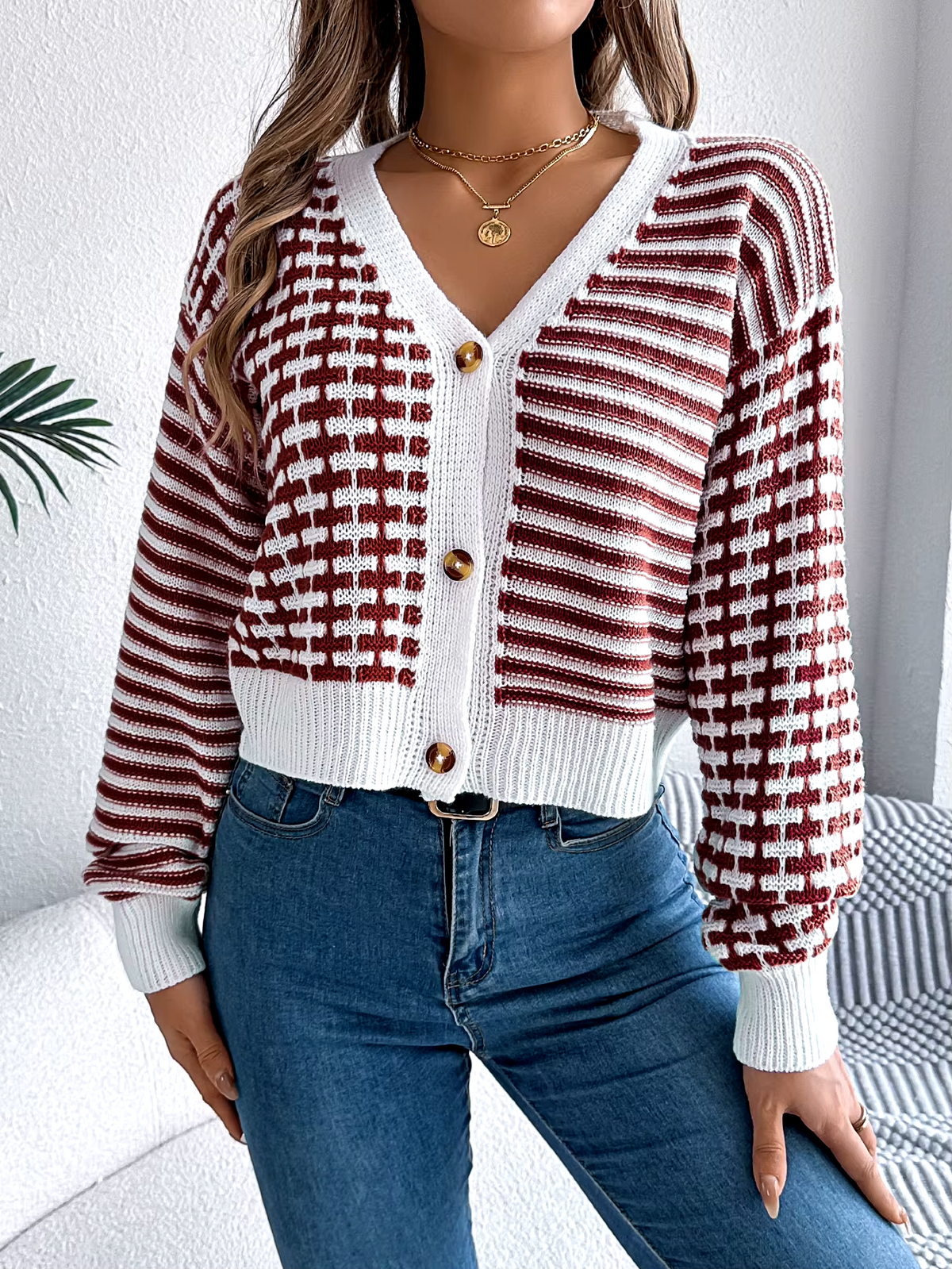 Pippa | Women's Cropped Striped Patchwork V Neck Knit Cardigan