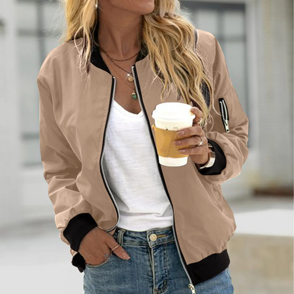 Juliette | Women's Casual Zip Bomber Jacket with Contrast Rib Trim