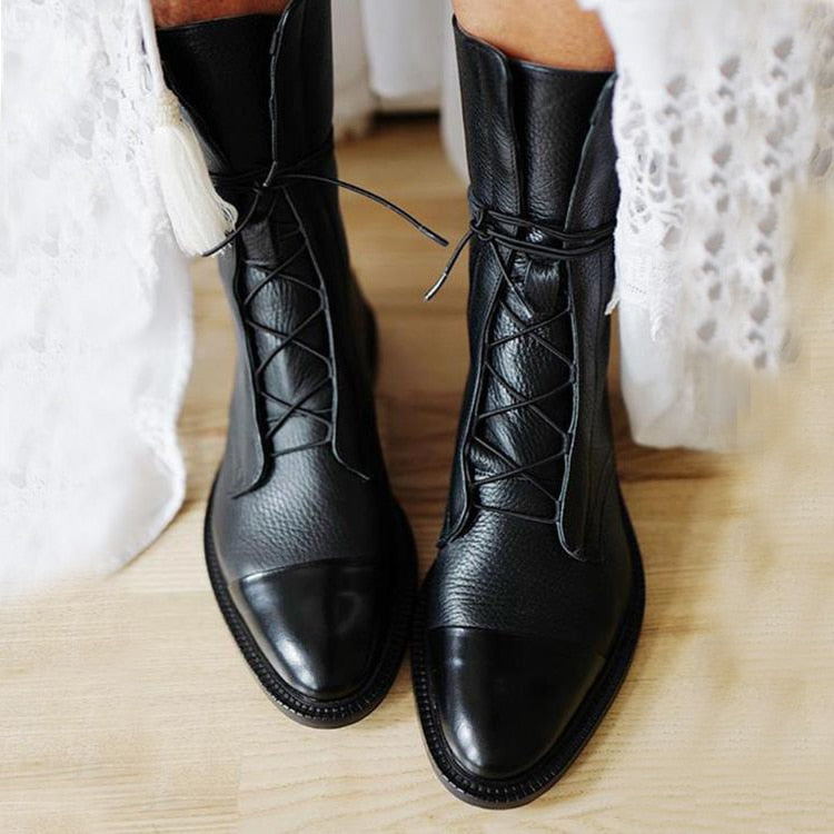 Rowena | Women's Mid Calf Lace Up Leather Combat Boots