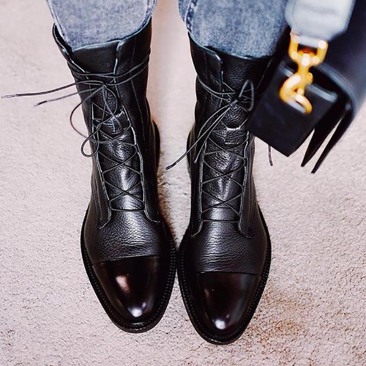 Rowena | Women's Mid Calf Lace Up Leather Combat Boots