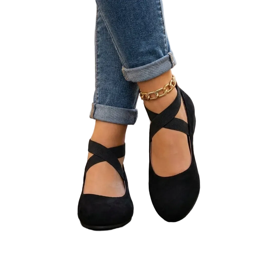 Suede Cross Strap Closed Toe Low Wedge Sandal