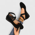 Suede Cross Strap Closed Toe Low Wedge Sandal