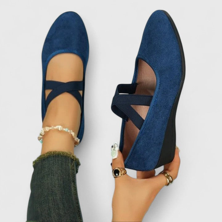 Suede Cross Strap Closed Toe Low Wedge Sandal