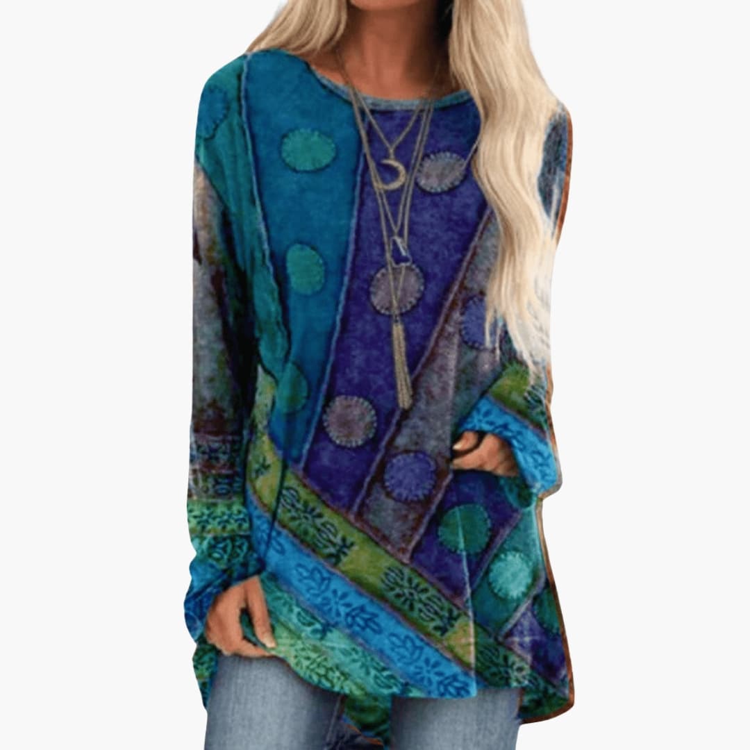Geometric Patchwork Print Crew Neck Long Sleeve Curved Hem Tunic Top