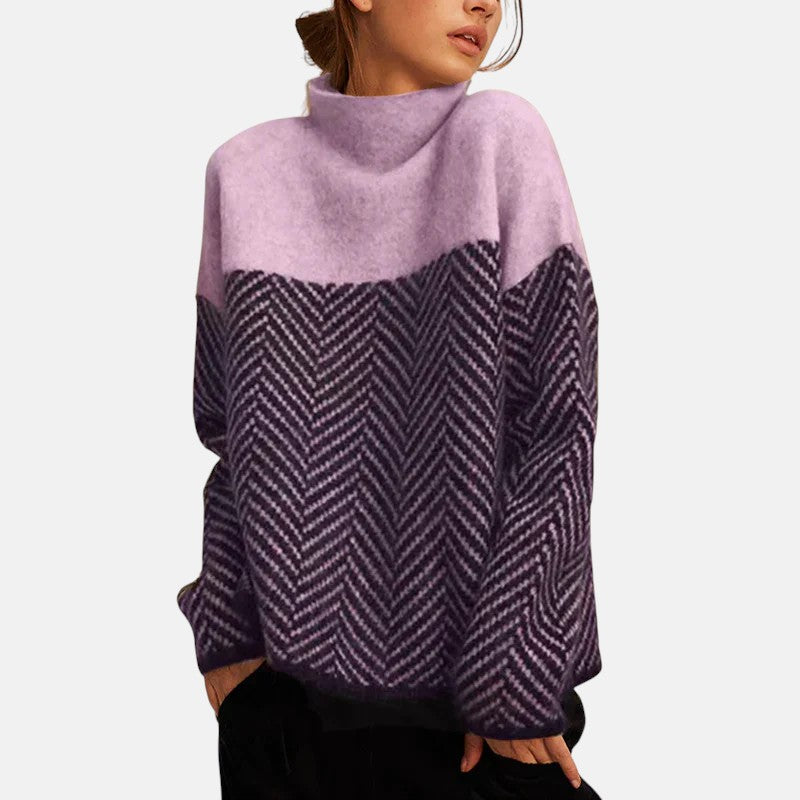 Isadora | Women's Herringbone Color Block Mock Neck Knit Sweater