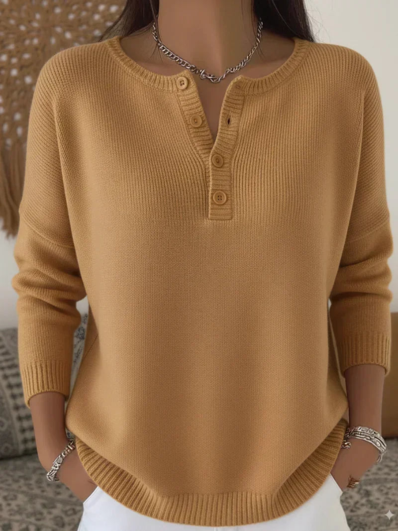Tamsin | Women's Ribbed Henley Sweater with Button Placket