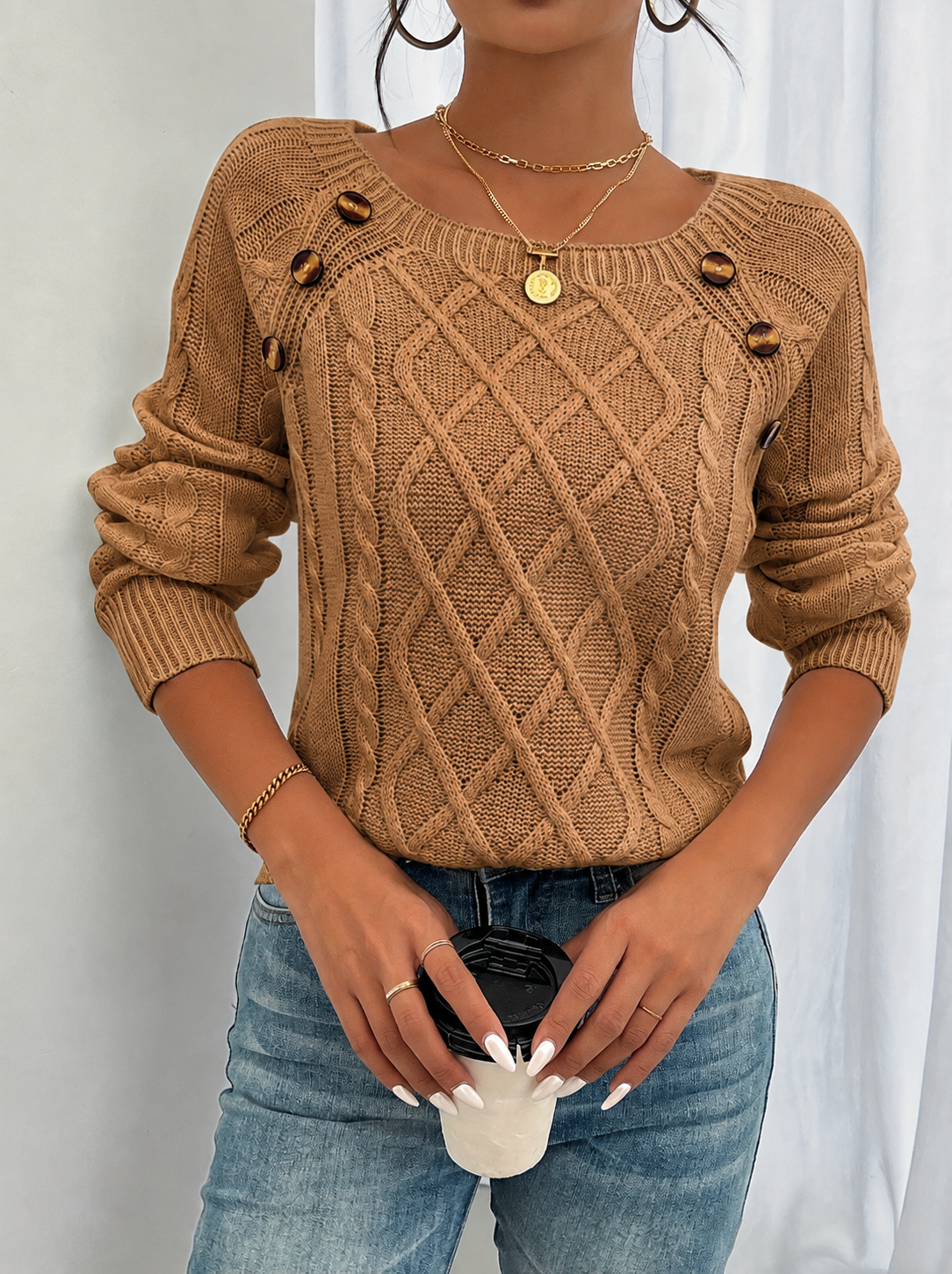 Cataleya | Women's Square Neck Cable Knit Sweater with Button Trim