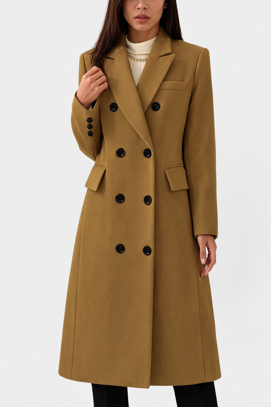 Octavia | Women's Double-Breasted Long Coat with Peak Lapel