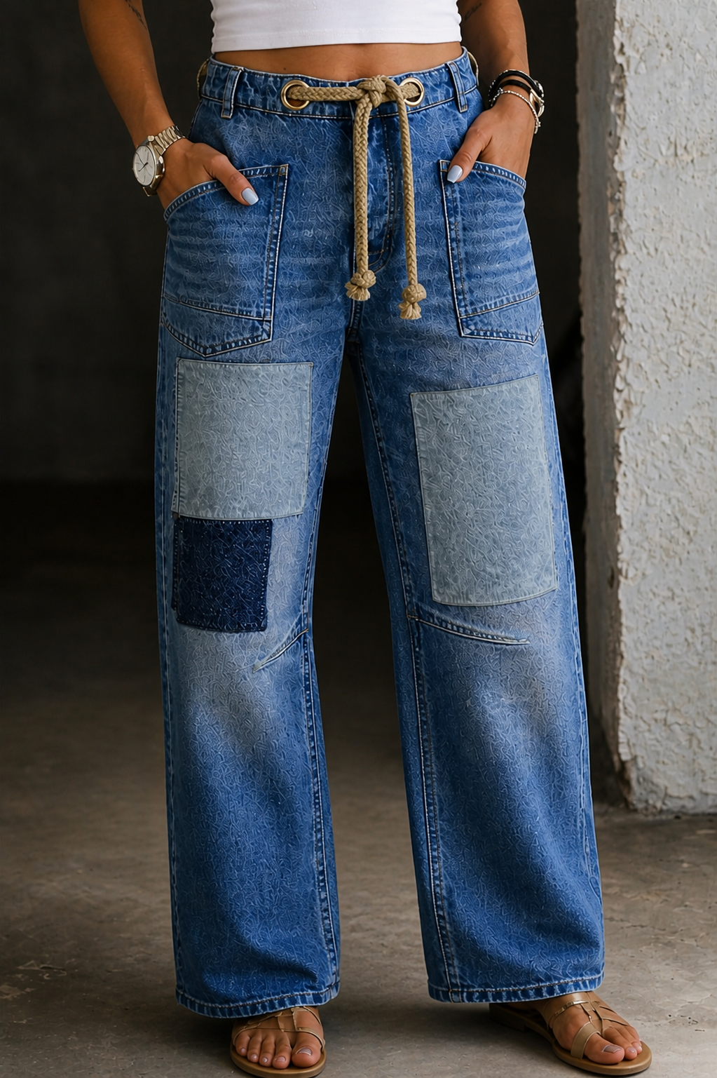 Rosalind | Women's Patchwork Wide Leg Jeans with Drawstring Waist