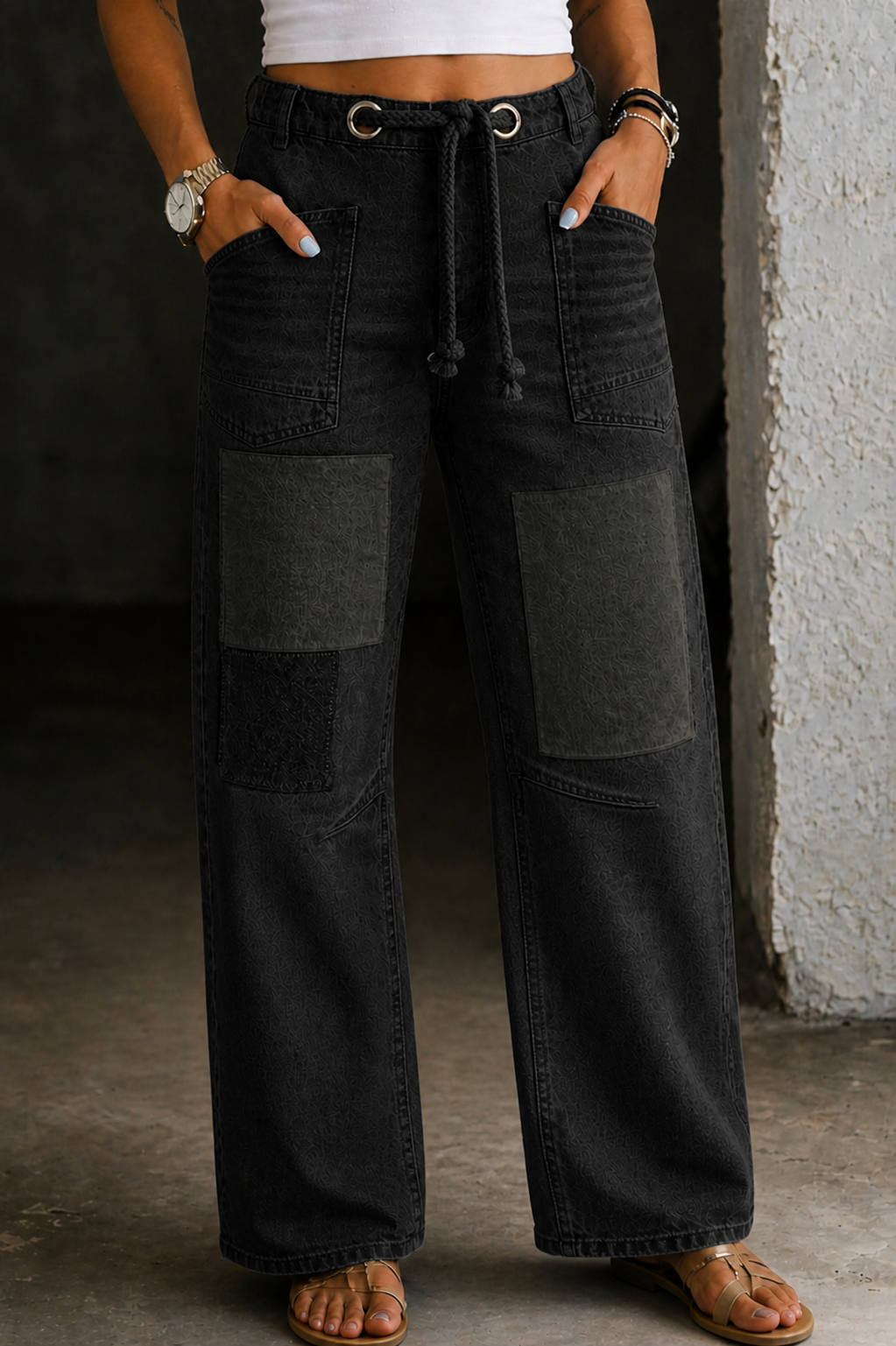 Rosalind | Women's Patchwork Wide Leg Jeans with Drawstring Waist