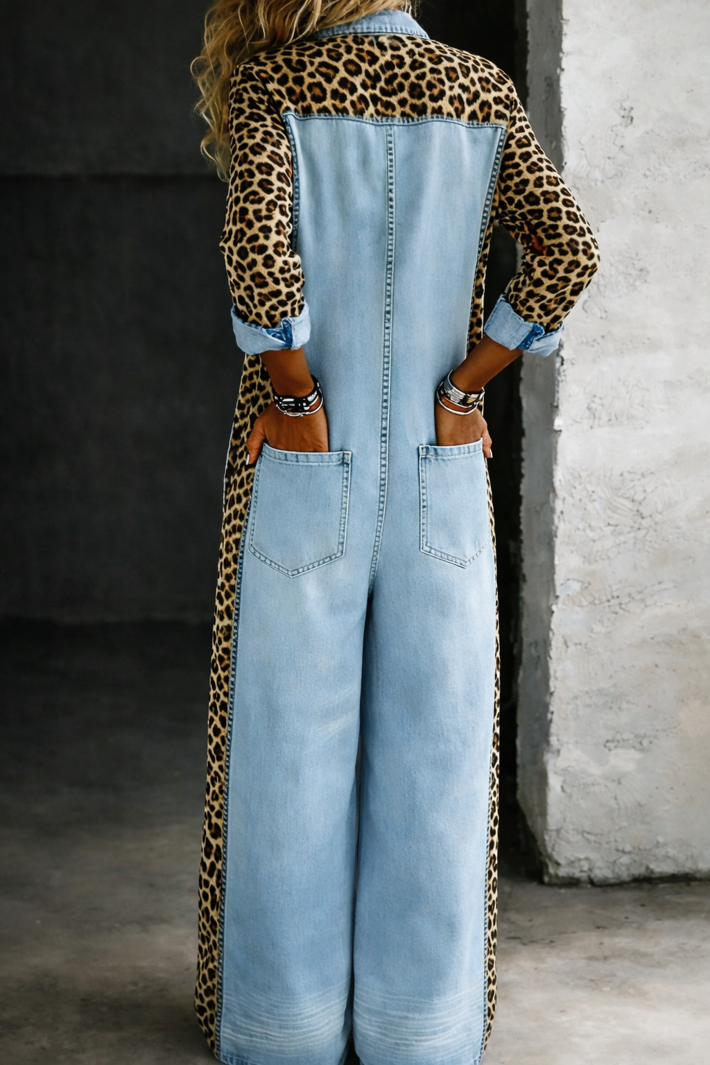 Delphine | Women's Leopard Print Denim Colorblock Jumpsuit