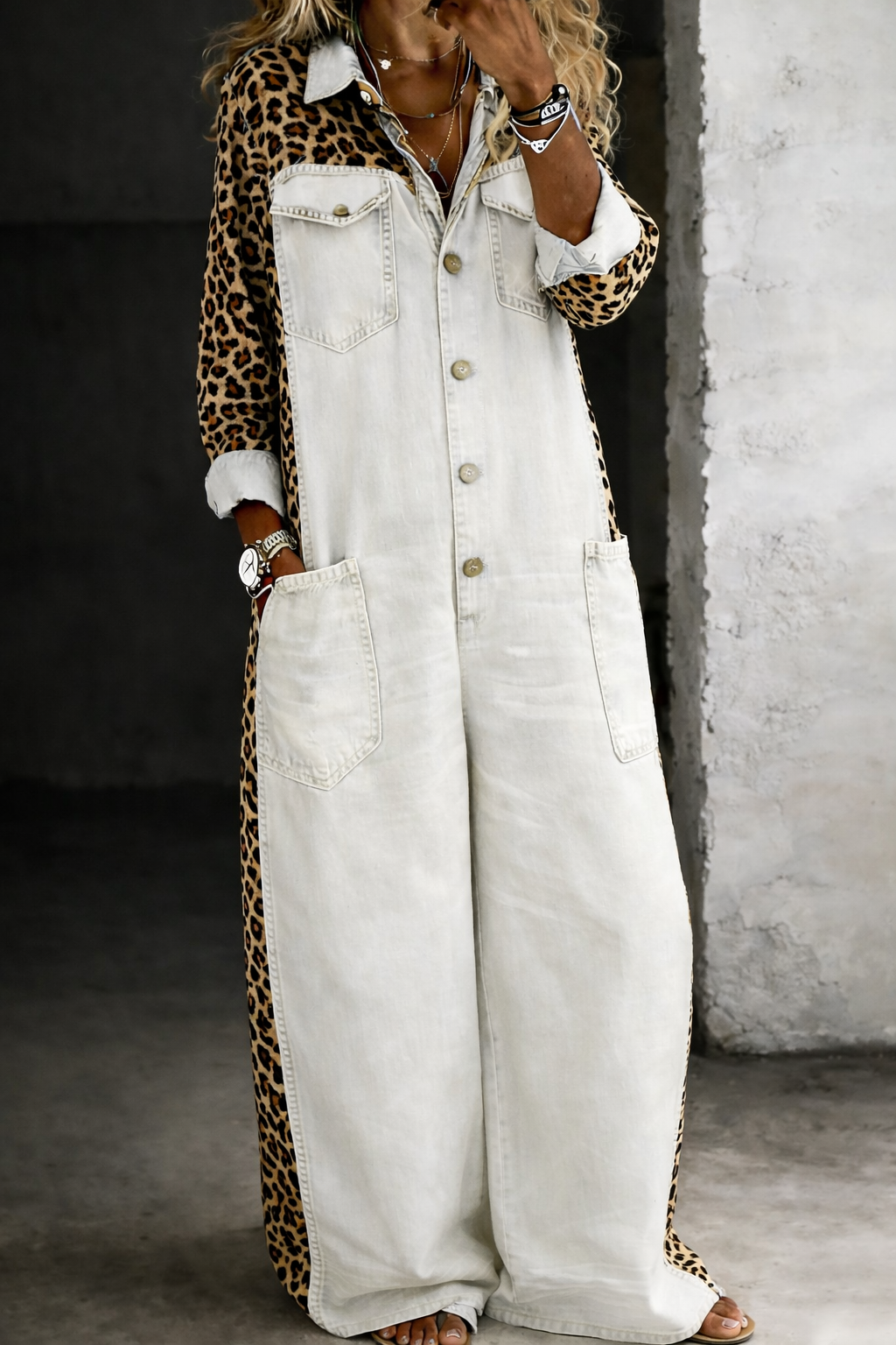 Delphine | Women's Leopard Print Denim Colorblock Jumpsuit