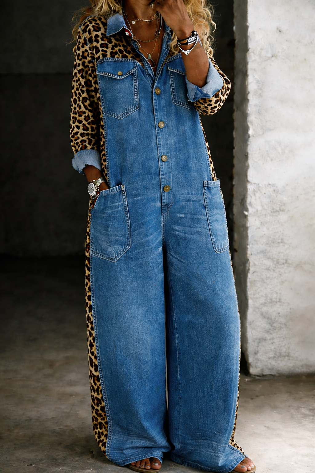 Delphine | Women's Leopard Print Denim Colorblock Jumpsuit
