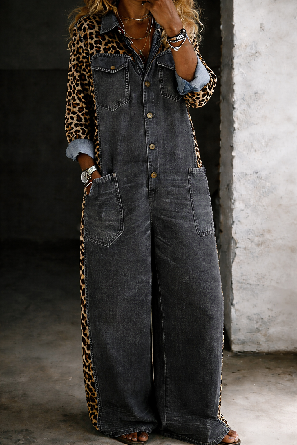 Delphine | Women's Leopard Print Denim Colorblock Jumpsuit