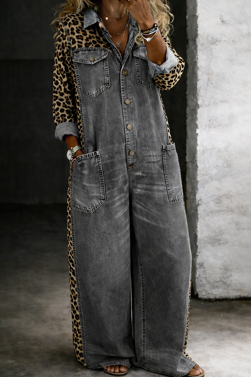 Delphine | Women's Leopard Print Denim Colorblock Jumpsuit