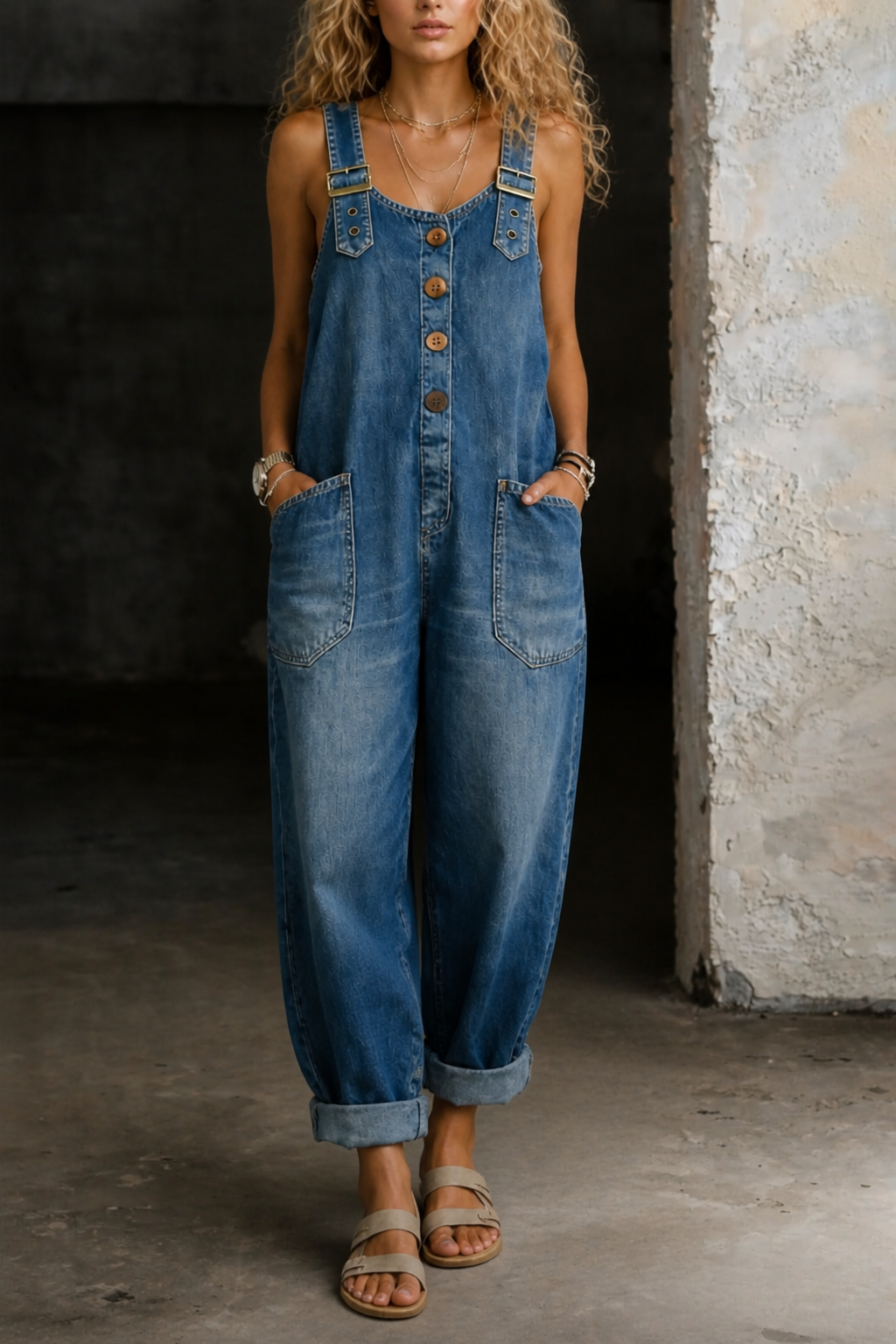 Marielle | Women's Baggy Button-Front Denim Overalls with Wide Leg