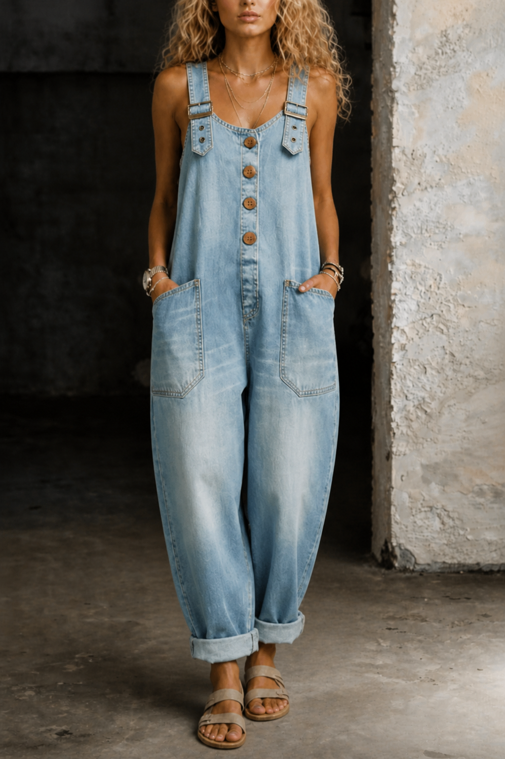 Marielle | Women's Baggy Button-Front Denim Overalls with Wide Leg