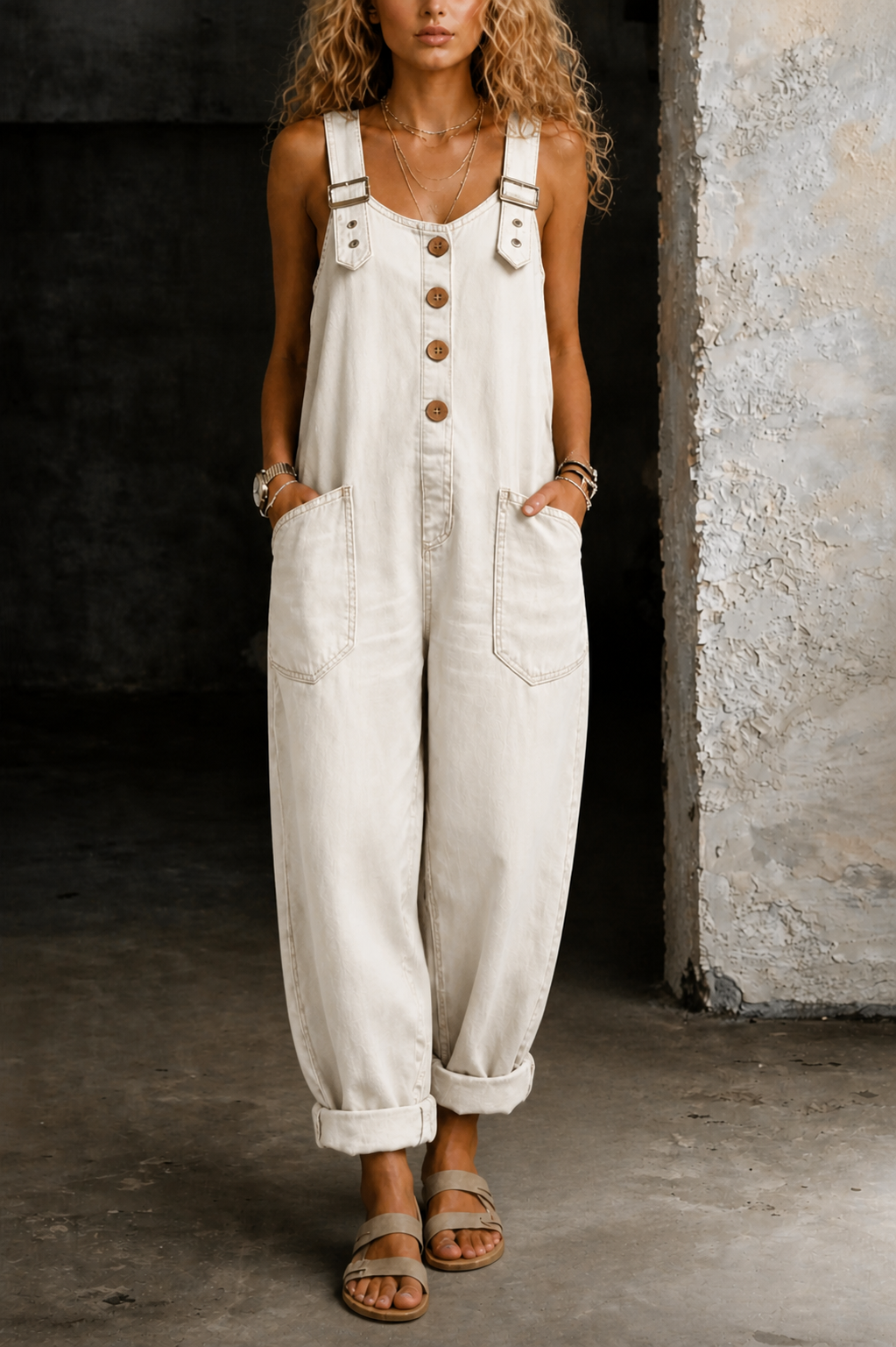 Marielle | Women's Baggy Button-Front Denim Overalls with Wide Leg