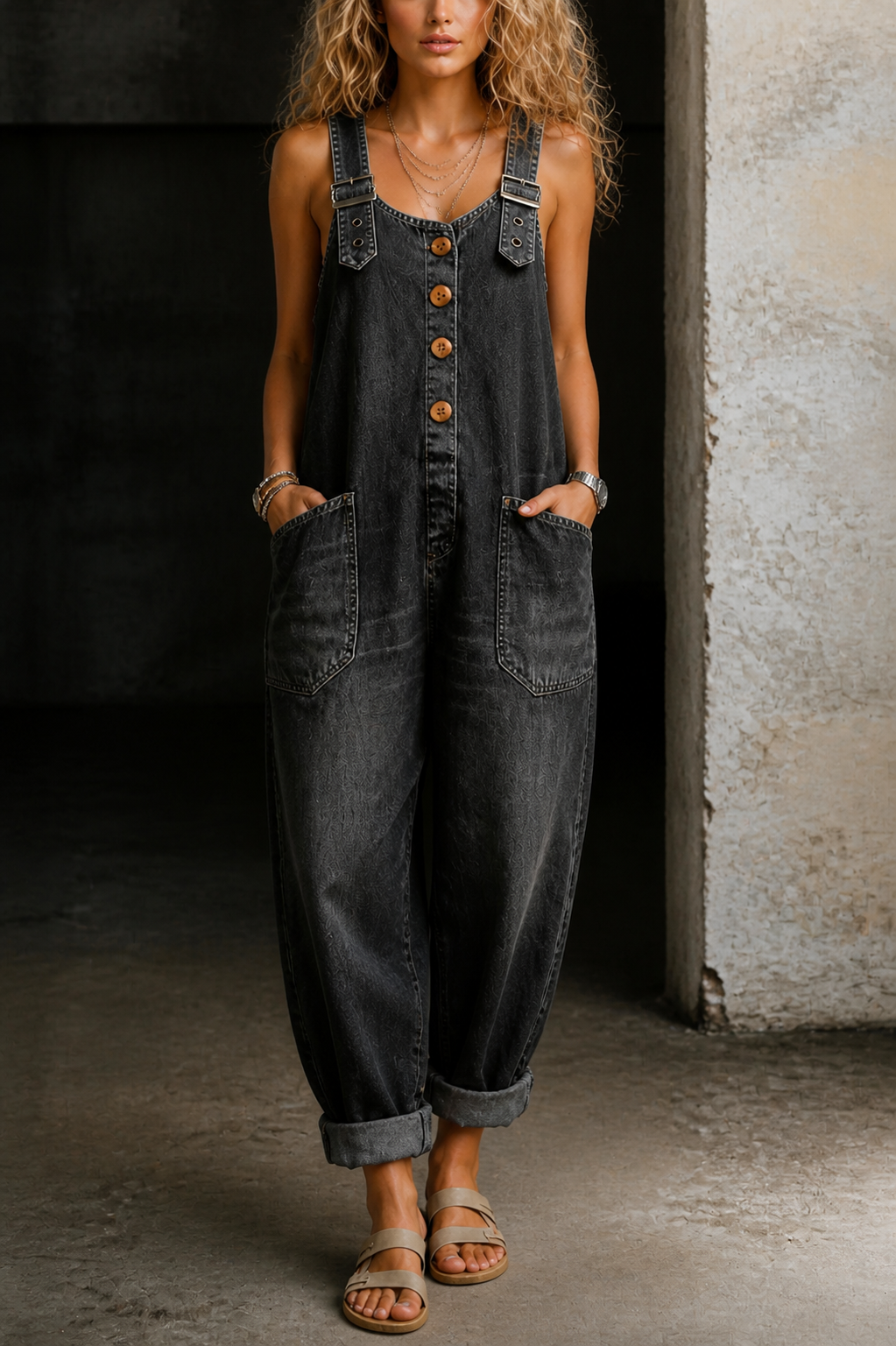 Marielle | Women's Baggy Button-Front Denim Overalls with Wide Leg