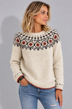 Saoirse | Women's Crew Neck Fair Isle Knit Sweater with Patterned Yoke