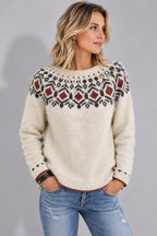 Saoirse | Women's Crew Neck Fair Isle Knit Sweater with Patterned Yoke