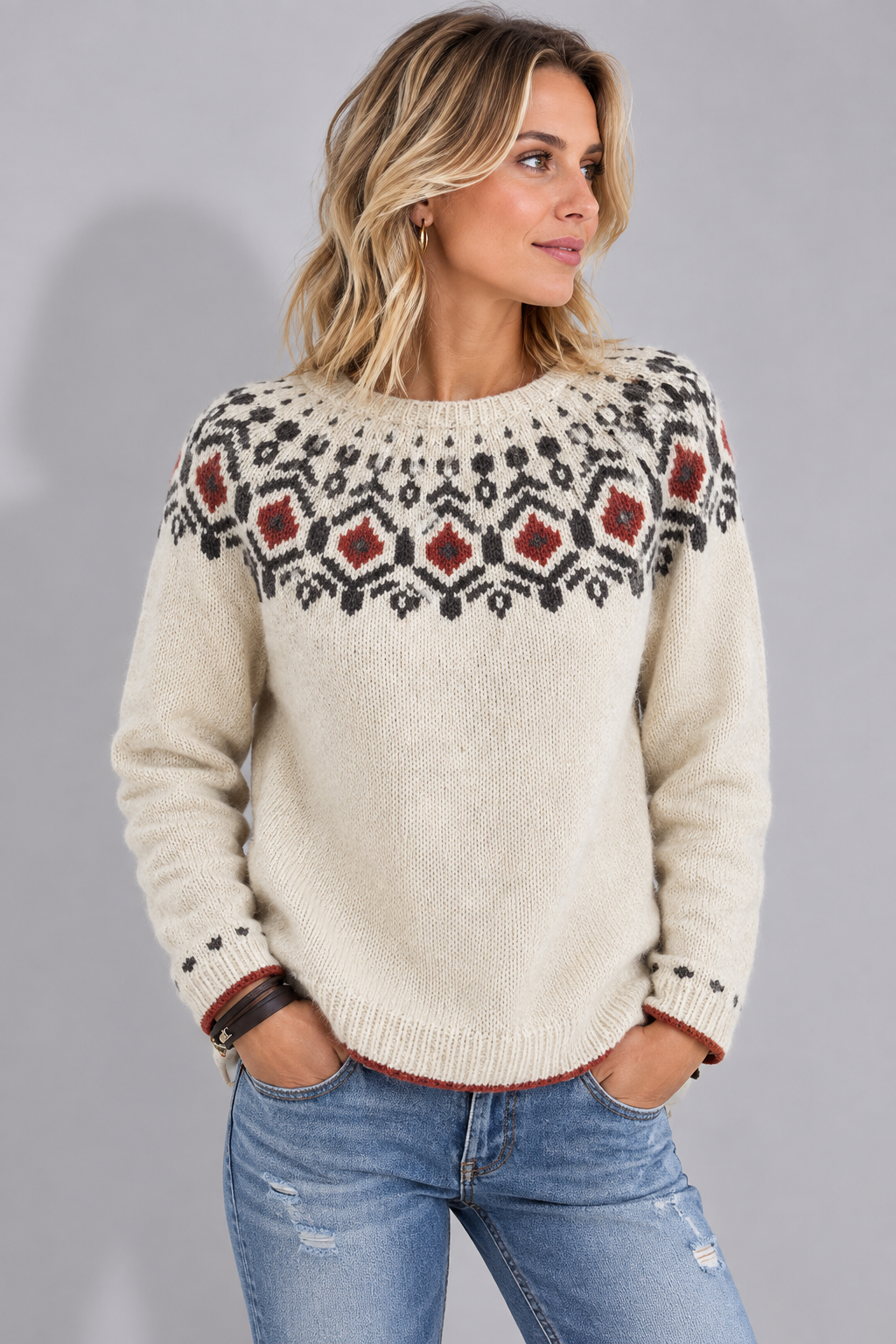Saoirse | Women's Crew Neck Fair Isle Knit Sweater with Patterned Yoke