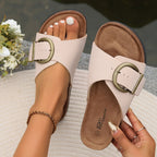 Buckle Strap Cork Footbed Flat Slide Sandal