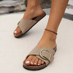 Buckle Strap Cork Footbed Flat Slide Sandal