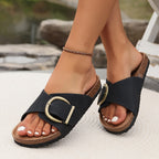 Buckle Strap Cork Footbed Flat Slide Sandal