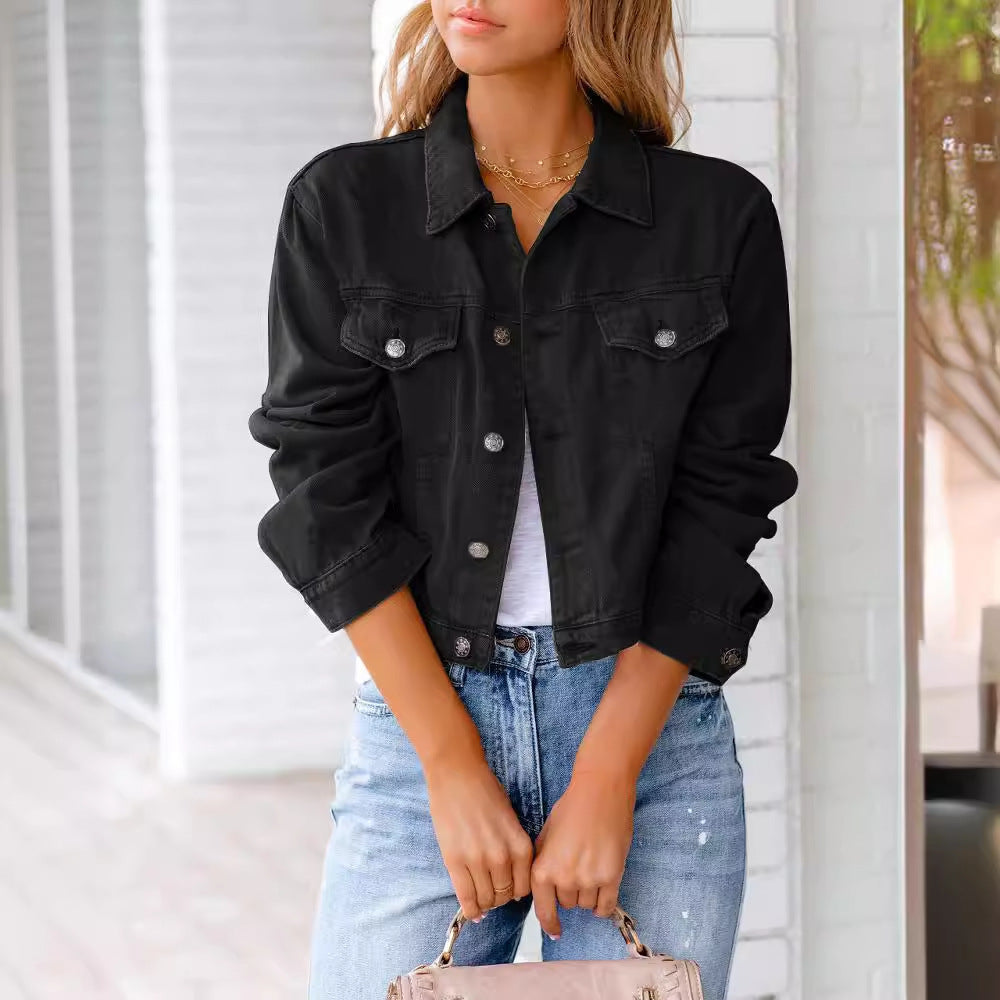 Aria | Women's Cropped Button-Front Denim Jacket with Chest Pockets