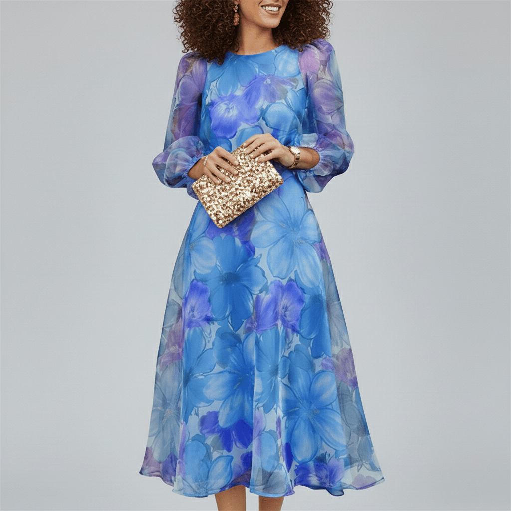 Floral Organza Puff Sleeve A Line Midi Dress - Wedding Guest
