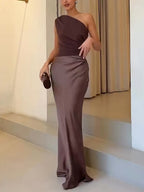 One Shoulder Ruched Satin Maxi Dress - Wedding Guest