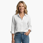 Scallop Collar Button Down Roll Tab Sleeve Relaxed Linen Shirt