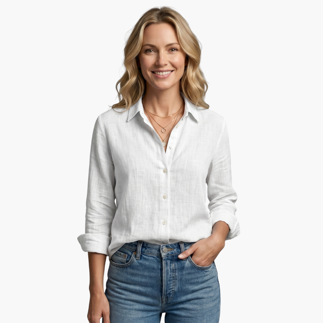 Scallop Collar Button Down Roll Tab Sleeve Relaxed Linen Shirt