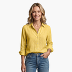 Scallop Collar Button Down Roll Tab Sleeve Relaxed Linen Shirt