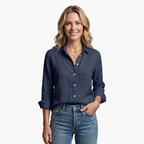 Scallop Collar Button Down Roll Tab Sleeve Relaxed Linen Shirt