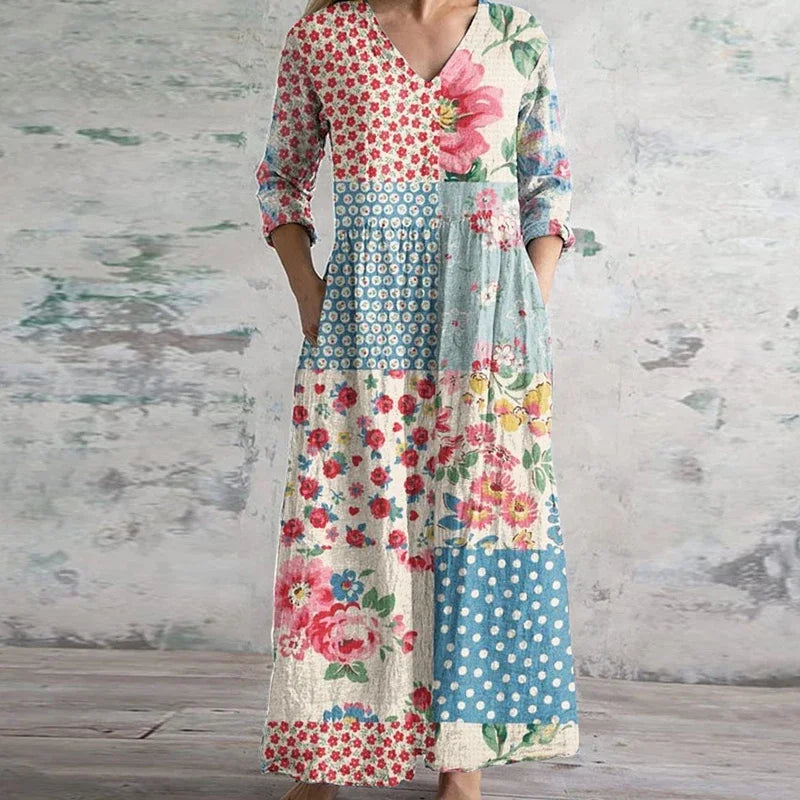 Floral Patchwork Print Boho Cotton Casual Maxi Dress