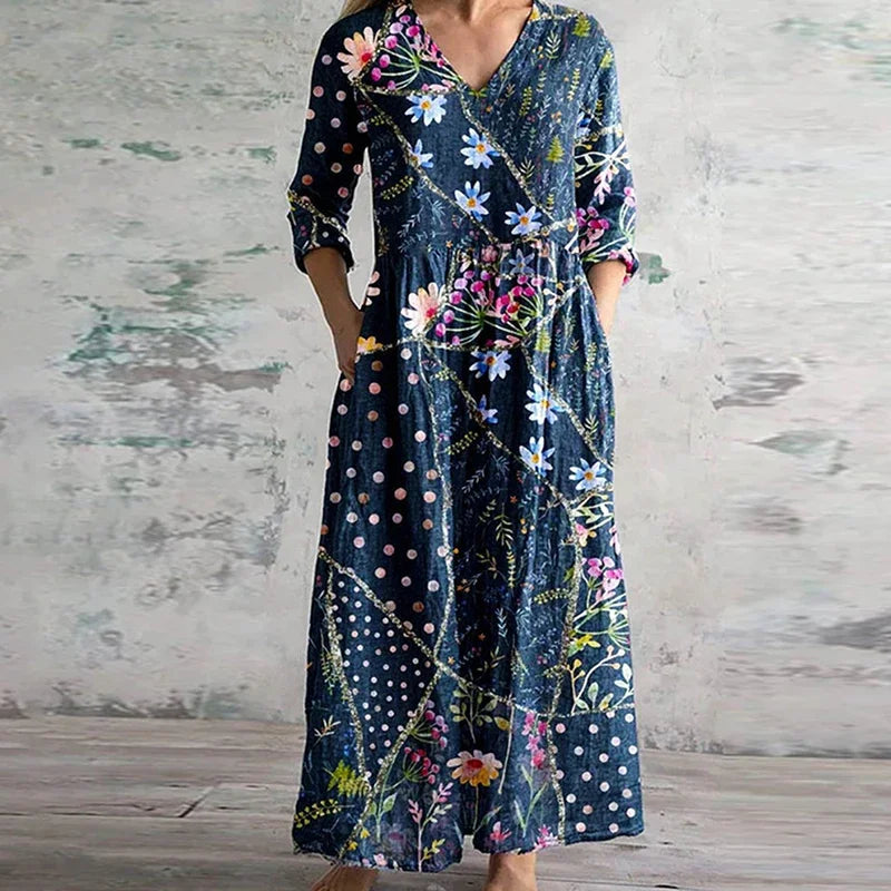 Floral Patchwork Print Boho Cotton Casual Maxi Dress