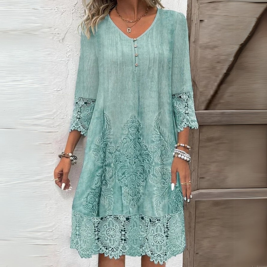 Lace Trim Embroidered Boho Button V-Neck Casual Midi Dress