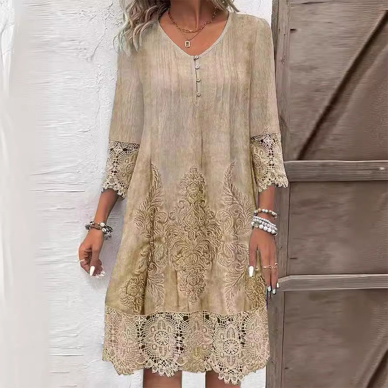 Lace Trim Embroidered Boho Button V-Neck Casual Midi Dress