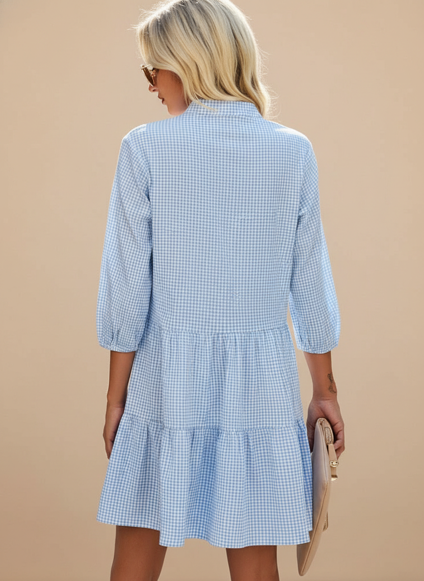 Gingham Check Tiered Button Down Casual Mini Dress