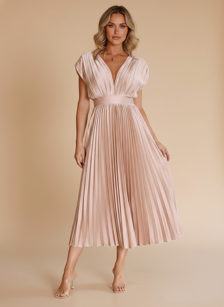 Pleated Satin Deep V-Neck Cap Sleeve Midi Dress - Wedding Guest