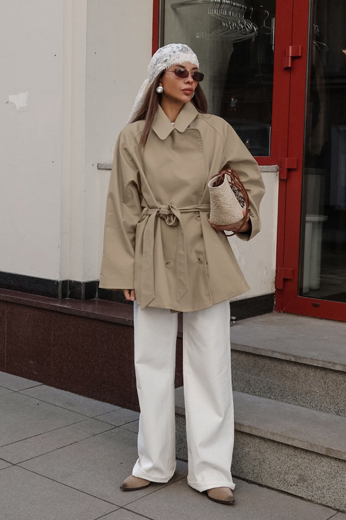 Delphine | Women's Short Belted Trench Jacket with Point Collar