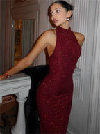 Wine Sequin Halter Homecoming Dress