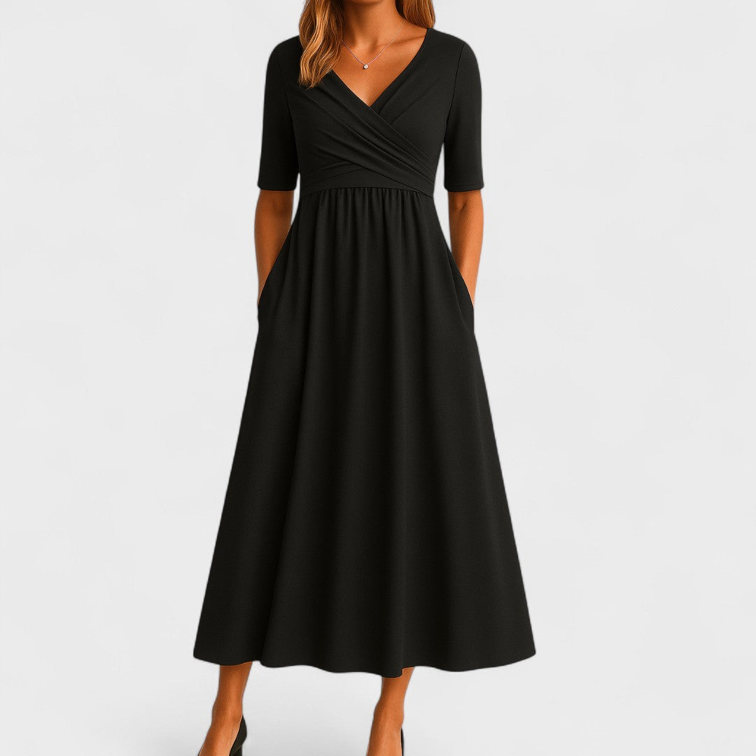 Crossover V-Neck Ruched Waist A Line Casual Midi Dress